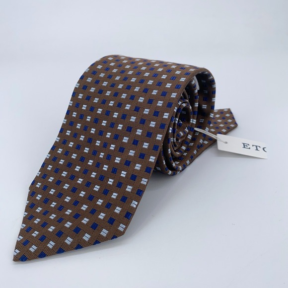 Eton Tie Mens One‎ Size Brown Blue Patterned Classic Fit Necktie England Made